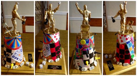 Neighborhood Board Game Trophy for traveling Hosts! FUNNNNN! Dollar Tree and Hobby Lobby Crafting... $20 total. So proud! Diy Game Night Trophy, Game Night Trophy Diy, Game Night Trophy, Funny Trophies, Trophy Diy, Trophy Ideas, Family Board, Trivia Night, Family Board Games