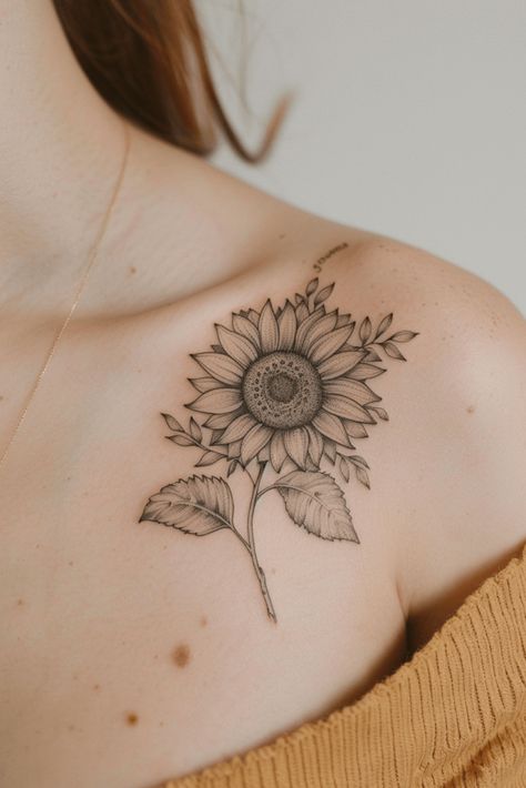 Charming Country Girl Tattoo Ideas You'll Love Country Girl Tattoo Ideas, Cool Girl Tattoos, Sunflower Shoulder Tattoo, Girl Tattoo Ideas, Shoulder Tattoo Designs, Country Girl Tattoos, Shoulder Tattoo Ideas, Simple Sunflower, Flower Shoulder Tattoo