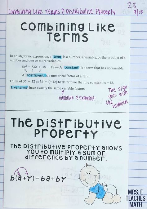 Pre Algebra Interactive Notebook, Tutoring Tips, Algebra Interactive Notebooks, Interactive Notebook Ideas, Distributive Property, Combining Like Terms, Math Notebook, Math Interactive, Algebraic Expressions