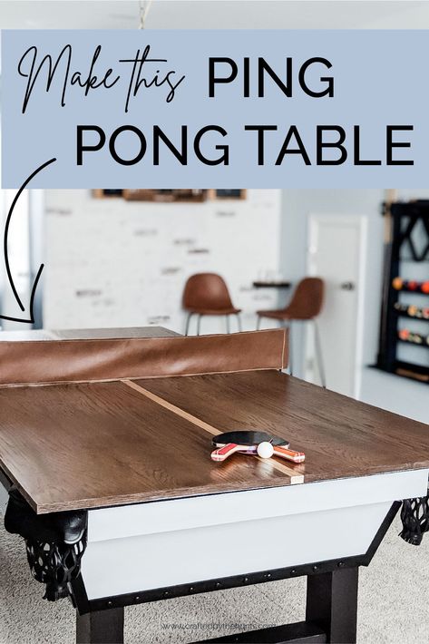 Looking for a fun activity while staying at home? Learn how to make this DIY wooden ping pong table top with our free plans and tutorial! Pool Table To Dining Table Diy, Diy Pool Table Cover, Dining Room Turned Game Room, Diy Ping Pong Table Top, Diy Ping Pong Table, Table Cover Diy, Ping Pong Table Top, Gaming Table Diy, Diy Pool Table