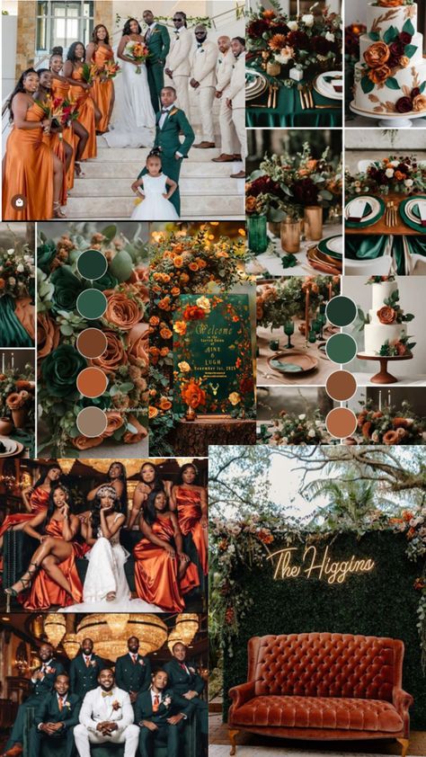 Fall Bridal Party Color Schemes, Emerald Green And Rustic Orange Wedding, Hunter Green Burnt Orange Wedding, Rustic Boho Wedding Color Palettes, Forest Green Wedding Theme Flowers, Fall Wedding Forest Green, Sage Green And Bronze Wedding, Cinnamon And Green Wedding, Green Orange Gold Wedding