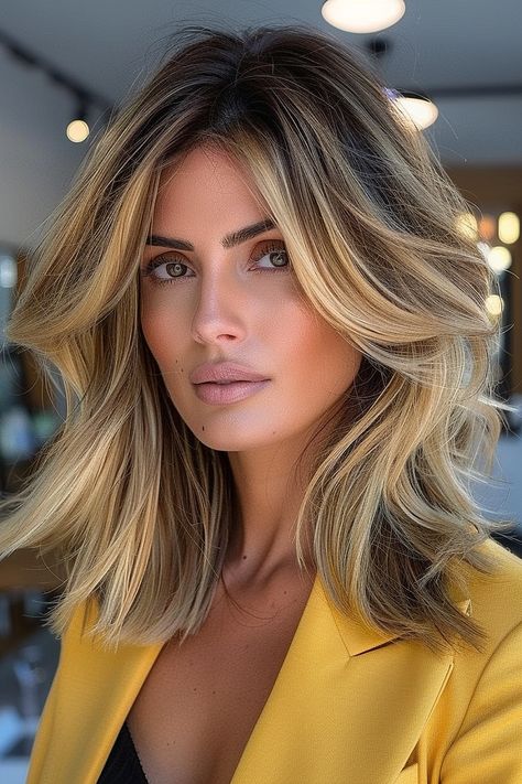 Bouncy Medium Length Hair, Blond Lob Haircut, Medium Length Blowout Styles, Medium Length Blowout, Voluminous Layers, Strands Of Hair, Blonde Ends, Layered Cut, Deep Roots