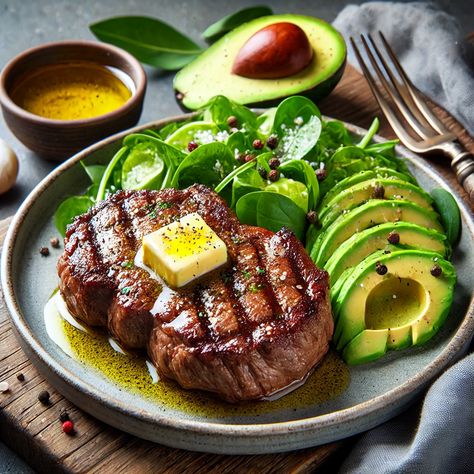 Grilled Beef with Butter and Green Salad Steak And Avocado, Fresh Green Salad, Cast Iron Steak, Salad With Avocado, Special Diet, Grilled Beef, Steak And Eggs, Dinner Easy, Steamed Broccoli