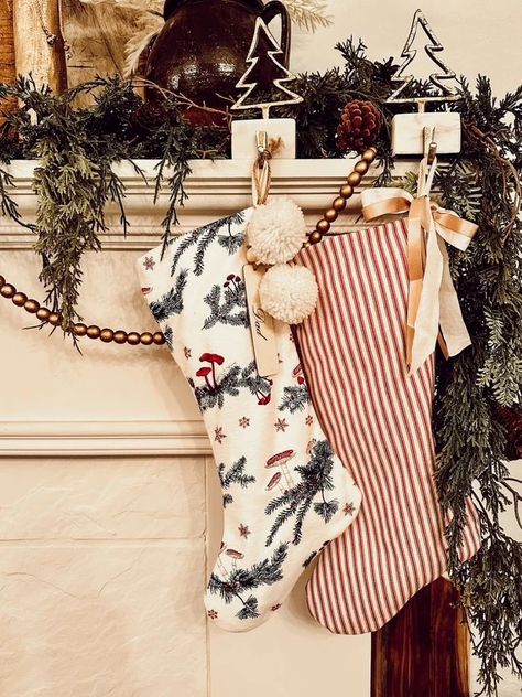 Mushroom Christmas Stockings/handmade Holiday Stocking/red - Etsy Mixed Stockings Christmas, Mismatched Stockings Christmas, Christmas Stocking Decor, Mushroom Christmas, Farmhouse Theme, Core Memories, Christmas Entryway, Cozy Christmas Decor, Handmade Stocking