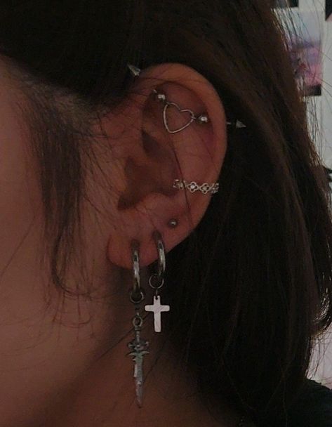 pinterest earsear piercingsalternative piercingsearslobesconchindustrialheartcrosssword Pinterest Ears, Piercings Ears, Alternative Piercings, Ear Piercings Industrial, Grunge Earrings, Industrial Piercing Jewelry, Cool Ear Piercings, Pretty Ear Piercings, Cool Piercings