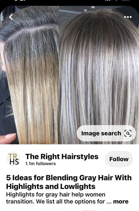 Blonde To Blend Gray Hair, Blonde Highlights With Grey Hair, Grey Blending Highlights And Lowlights, Grey Blonde Hair Going Gray, Medium Grey Hair Over 50, Low Lights For Gray Hair, Gray Hair With Lowlights Over 50, Grey Blending Highlights Blondes, Blonde Hair Going Grey