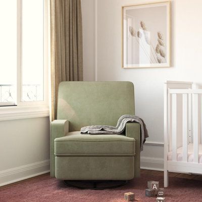 This reclining glider chair offers a contemporary and cozy addition to your nursery. With its streamlined silhouette, comfortable track arms, and soft back cushions, it's an ideal spot for feeding, bonding, and rocking your baby to sleep. Enjoy the smooth gliding action, 360° swivel design, and multiple reclining options to find your preferred comfort position. Designed with safety in mind, this chair features hidden hardware to control the sliding mechanism, keeping curious little fingers safe. Nursery Glider Rocker, Nursery Recliner, Nursery Layout, Wood Nursery, Nursery Glider, Rocking Chair Nursery, Glider Rocker, Baby To Sleep, Cozy Chair