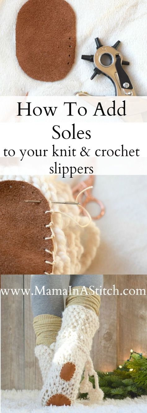 How To Add Soles to Knit or Crochet Slippers via @MamaInAStitch This is an easy tutorial on how to add simple non-slip soles to knit or crocheted slipper socks. #diy #crafts #crochet Corak Krusye, Projek Mengait, Socks Diy, Crochet Slipper Boots, Aran Sweaters, Crochet Slippers Free Pattern, Crafts Crochet, Confection Au Crochet, Crochet Boots