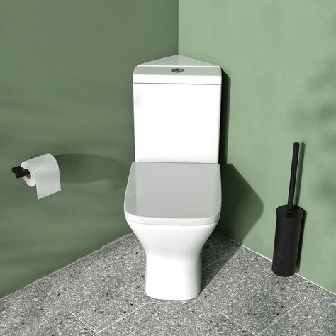 Corner toilets are an excellent space-saving solution for smaller bathrooms, ensuites or cloakroom toilets without compromising on style. Read more in this comprehensive guide. Corner Toilet Ideas, Corner Toilet Bathroom Layout, Sink Toilet Combo, Downstairs Wc, Ultimate Bathroom, Bathroom 2024, Cloakroom Toilet, Corner Toilet, Guest Toilet