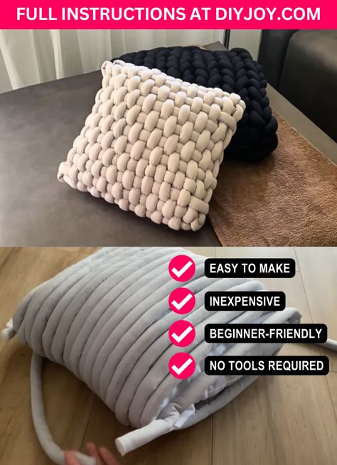 How to Make Big Chunky Braided Pillow Knitting Doodles, Braided Pillow, Hand Knit Pillow, Finger Knitting Blankets, Diy Blankets, Arm Crocheting, Chunky Blankets, Throw Pillow Diy, Diy Throw Pillows