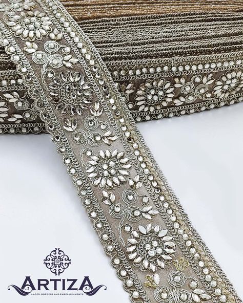 🎀Beautiful net laces embellished with silver threadwork and silver sequins. 🎀Explore the world of laces @artiza20 with different designs and colours which give your traditional attire a lavish look. 🎀 Whatsapp me on - 9619420351 Saree Ideas, Net Embroidery, Silver Lace, Traditional Attire, Lehenga Designs, Grey Colour, Silver Sequin, Explore The World, Lace Design