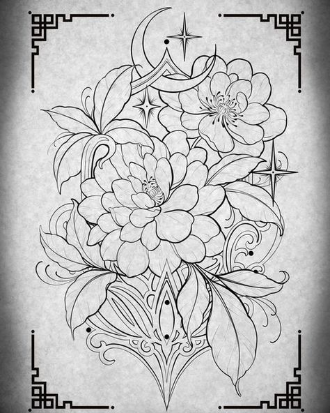 Neo Flower Tattoo, Art Nouveau Tattoo Black And White, Ornamental Floral Tattoo Design, Bohemian Flower Tattoo, Ornamental Floral Tattoo, Ornamental Flower Tattoo, Unique Tattoo Stencils, Art Nouveau Floral Tattoo, Art Nouveau Tattoo Flower