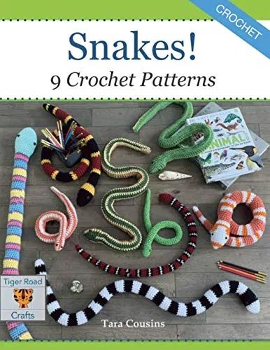 Snakes! 9 Crochet Patterns by Tara Cousins - crochet envy Crochet Book Snake, Crocheted Snake Patterns Free In English, Giant Crochet Snake, Crochet Plush Snake, Crochet Cobra Snake Pattern, Snake Patterns, Confection Au Crochet, Crochet Diy, Fun Crochet Projects