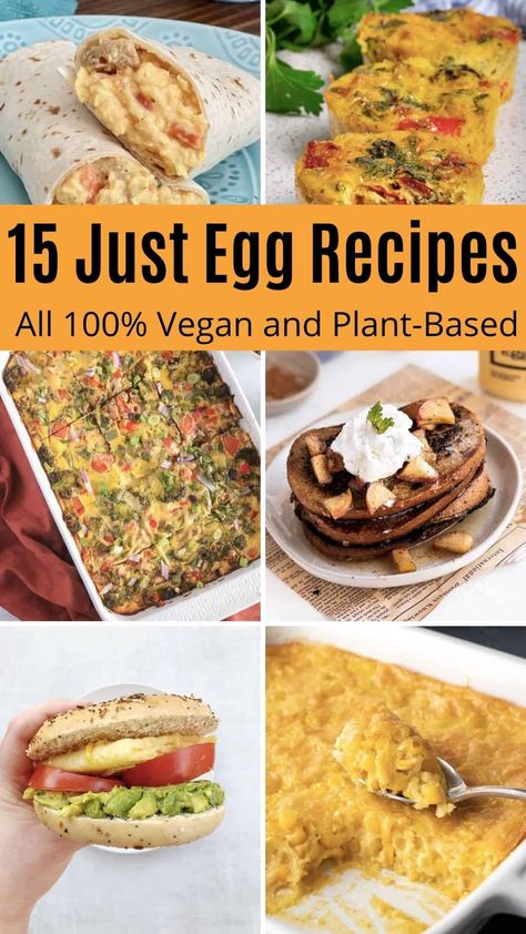 Have you ever tried Just Egg? It's not actually made from eggs. Instead, its primary ingredient is mung beans, which create a light and fluffy egg texture! You can use it in any recipe that calls for eggs! Here are 15 of my favorite Just Egg Recipes! Just Egg Recipes, Vegan Breakfast Casserole, Vegan Bagel, Vegetarian Starters, Just Egg, Vegan Breakfast Burrito, Vegan Feta Cheese, Tempeh Recipes, Plant Based Diet Recipes