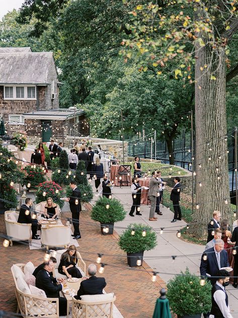 Overview of wedding reception on patio at Baltimore country club. Sophie Kaye Photography at Baltimore Country Club Wedding Country Club Engagement Party, Cocktail Hour Design, Indoor Country Club Wedding Reception, Garden Party Cocktail Hour, Country Club Wedding Aesthetic, Patio Wedding Reception, Cafe Lights Wedding, Outdoor Cocktail Hour Wedding, Cocktail Style Wedding Reception