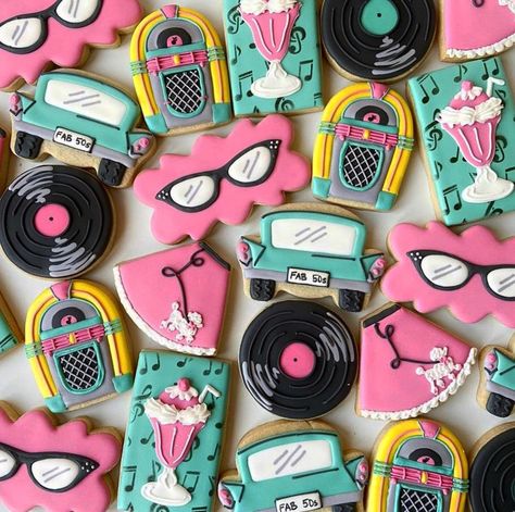 AmericanTraditionCookieCutters on Instagram: “@cookiecreationsbycourtney” 50s Theme Parties, Cars Cupcakes, Sock Hop Party, Theme Cookies, Sock Hop, Fancy Cookies, Cookie Inspiration, Retro Theme, 13th Birthday