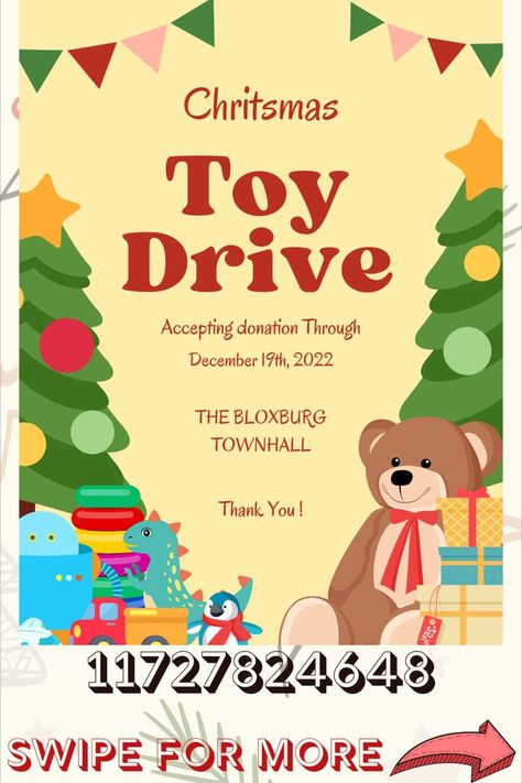 A request! I really loved the idea so I decided to look for toy drive templates, very slightly edit to make it more realistic and appropriate for bloxburg and upload it for you guys:D ENJOY AND ALWAYS FEEL FREE TO REQUEST<3 #roblox #bloxbug #bloxburgdecals #decals #bloxburgchristmas Bloxburg Toy Shop Decals, Toy Store Decals Bloxburg, Toys Bloxburg Decals, Bloxburg Toy Store, Bloxburg Drive Thru Decals Codes, Toy Decals Bloxburg, Bloxburg Christmas Town, Bloxburg Daycare Decals, Bloxburg Business