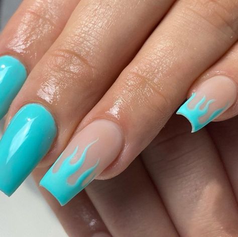 Neon Teal Nails Art Designs, Turquoise Nail Designs Summer 2023, Flame French Nails, Square Flame Nails, Flame Accent Nail, Fire Nails Acrylic, Tiffany Blue Nails Design, Cute Blue Nail Designs, Fire Nails Designs