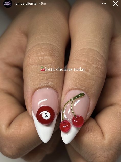 How To Do Cherry Nails, 8ball Cherry Nails, 8 Ball Cherry Nails, Cherry Nails Aesthetic, 3d Cherry Nails, Eight Ball Nails, Cherry Nails Designs, Red 8 Ball, Nails With Cherries