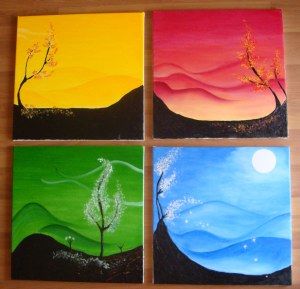 4 Panel 8 x 8 Canvas acrylic painting | four seasons a set of four oil on canvas paintings by angelina kumar ... 4 Seasons Art Artworks, Seasonal Paintings Canvases, 4 Seasons Painting, Four Seasons Painting, 4 Canvas Paintings, Seasons Painting, Multiple Canvas Paintings, Four Seasons Art, Yellow Sunset