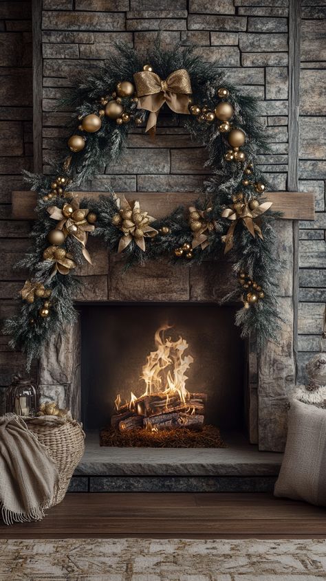 Elegant fireplace adorned with a gold ornament garland, greenery, and burlap bows, creating a cozy Christmas ambiance. Christmas Mantle Ideas, Holiday Fireplace Decor, Mantle Decorating Ideas, Christmas Ambiance, White Stone Fireplaces, Mantle Decorating, Farmhouse Fireplace Decor, Holiday Fireplace, Mantle Ideas