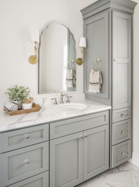 Sage Green Bathroom Cabinets Master Bath, Boothbay Gray Bathroom Vanity, Pale Green Bathroom Vanity, Grey Cabinets Bathroom, Sage Green Bathroom Vanity Farmhouse, Sage Green Bathroom Vanity Pewter, Basement Laundry Room Makeover, Vanity Shelves, Budget Bathroom Remodel