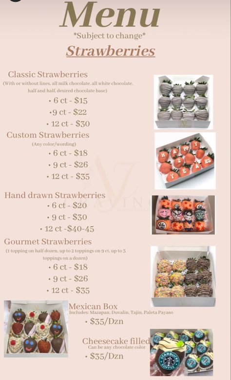 Cute Dessert Packaging Ideas, Congrats Chocolate Covered Strawberries, Sweet Treats Price List, Restaurant Specials Ideas Food, Chocolate Covered Business, Desserts Small Business, Chocolate Covered Strawberries Business Logo, Strawberry Buisness Name, Baking Selling Ideas