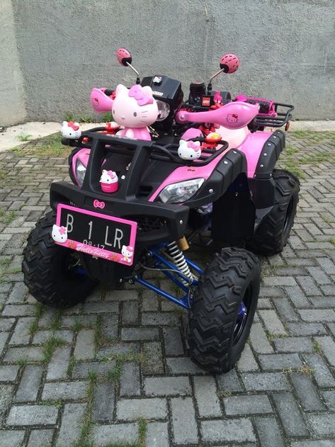 Pink Four Wheeler, Hello Kitty Motorcycle, Pink Motorcycle, Girly Graphics, Civic Car, Kitty Birthday Party, Pink Cars, Hello Kitty Birthday Party, Four Wheeler