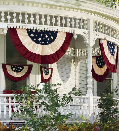 <p>Two sizes of traditional Half-Round Bunting make it easy to add patriotic spirit to almost any location. Our Half-Round Cotton Duck Patriotic Vintage Bunting has embroidered stars on 100% cotton duck with two top grommets for easy hanging. Red, blue and ecru colors give our bunting its nostalgic appearance. Imported.</p> Vintage 4th Of July Decorations, American Flag Bunting, Patriotic Bunting, Vintage Bunting, Vintage Banner, Bunting Flag, Fourth Of July Decor, Cotton Decorations, Patriotic Stars