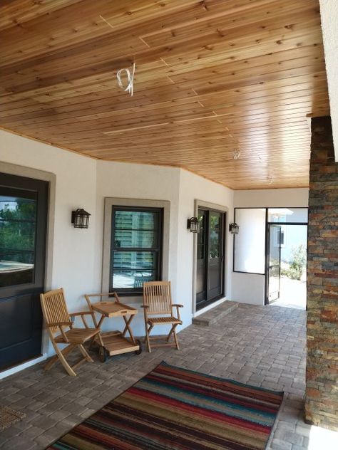 Tounge And Groove Cedar Ceiling, Wood Tongue And Groove Ceiling, Cedar Tongue And Groove Ceiling, Pine Tongue And Groove Ceiling, Modern Cabin In The Woods, Southern Charm Homes, Cedar Ceiling, Patio Ceiling Ideas, Tounge And Groove