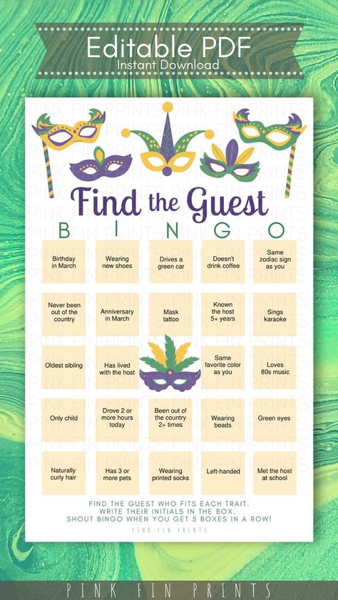 Play Find the Guest Bingo as a casual ice breaker game at your New Orleans Girls Trip! Customize this printable bingo card template with fun facts about your friends for a Mardi Gras party game you and your girl gang will never forget! A perfect girls trip game for large groups! Mardi Gras Bridal Shower Ideas, Mardi Gras Games, Mardi Gras Bachelorette Party, New Orleans Girls Trip, Nola Bachelorette Party, Ice Breaker Game, Find The Guest Bingo, Custom Bingo Cards, Nola Bachelorette