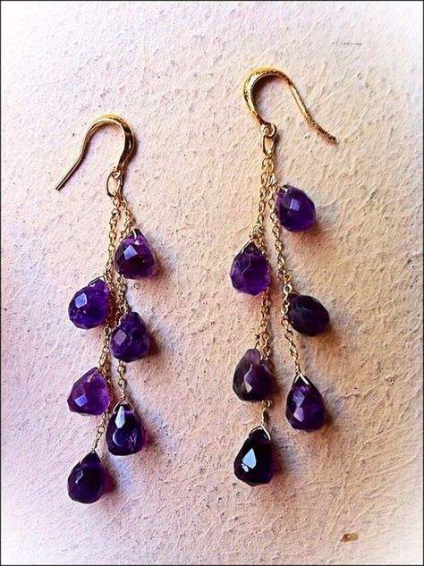 14k gold Purple Amethyst gems Cascade Earrings.  February birthstone.  Bridal jewelry.  Dark purple Natural Stone Earrings, Beaded Jewelry Tutorials, Purple Jewelry, Natural Gemstone Jewelry, Purple Earrings, Earrings Inspiration, Handcrafted Artisan Jewelry, Handmade Wire Jewelry, Amethyst Jewelry