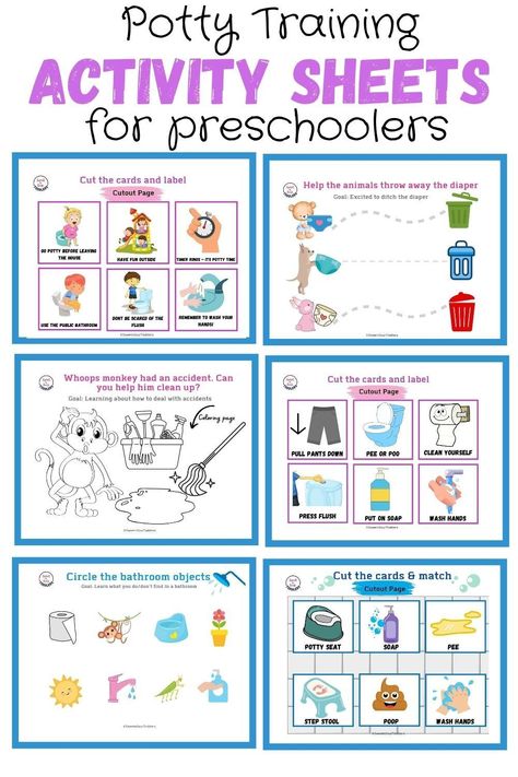 Check out these 20 activity sheets for kids that are designed to teach toddlers about potty training. This is the perfect activity book for toddlers to help make potty training fun! | Learning Binder | Quiet Book | Potty Training Tips | Worksheets for Kindergarten #busybook #pottytraining #activitysheets Preschool Potty Training, Potty Training Lesson Plan, Potty Training Activities Toddlers, Potty Training Ideas, Activity Sheets For Preschoolers, Free Potty Training Chart, Potty Training Printable, Potty Training Incentives, Potty Training Activities