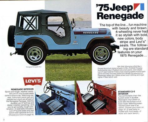 Who wants a 1975 #levis #jeep Renagade? 🖐🏽 I do!  #cruisenighthero #car #cars #auto #ads #vintageautoads #vintagecars #vintagecarads #classiccars #vintagecarlove #classiccarads #jeeprenagade Jeep Seats, Jeep Cj5, Cars Auto, Wheel Lock, Car Ads, Spare Tire, Vintage Car, Vintage Cars, Jeep