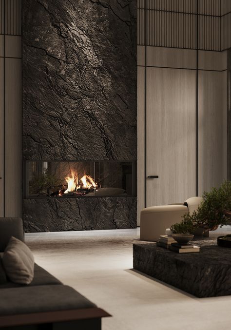 Concrete Accent Wall Living Rooms, Living Fireplace Ideas, Fireplace Wabi Sabi, Living Room Fireplace Modern, Fireplace Design Ideas Modern, Fireplace Texture, Feature Fireplace Wall, Fireplace Dark, Dramatic Fireplace