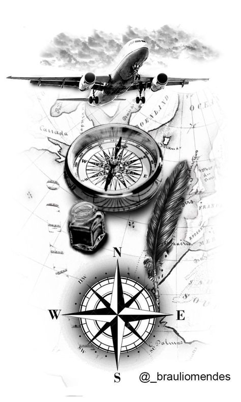 Aircraft Tattoo Design, Compass And Airplane Tattoo, Aviation Tattoos For Men, Map Tattoo Design, Aviation Tattoo, Compass And Map Tattoo, Compass Tattoo Men, Pilot Tattoo, Nautical Tattoo Sleeve