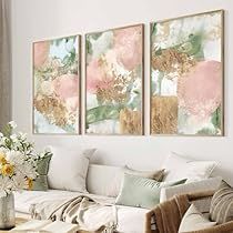 Pink And Green Pictures, Feminine Apartment, Abstract Gallery Wall, Rose Gold Office, Pink Living Room Decor, Gold Abstract Art, Spa Art, Pictures Wall Decor, Blush Decor