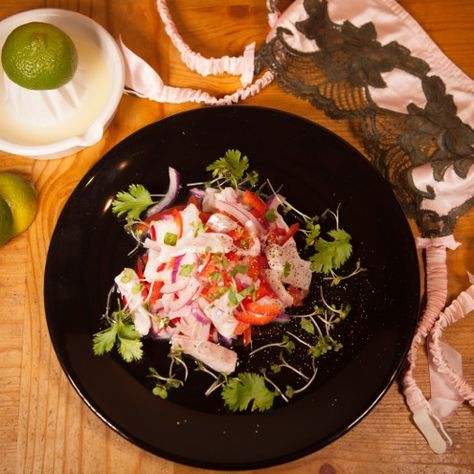 Latest sexy recipe...Seabass Ceviche #redshoes12 #sexyrecipe #recipes #dinner #menu #passionate #lingerie #romantic #romanticcouple #seductive #valentine Cream Cushions, Coriander Leaves, Lotus Blossom, Sea Bass, Red Chilli, Small Table, Recipes Dinner, Dinner Menu, Red Peppers