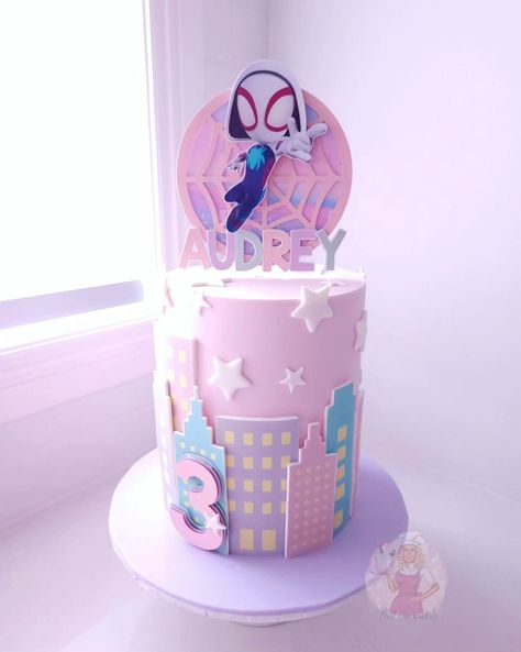 Full On Cakes (@full_on_cakes) • Instagram photos and videos Girly Spiderman Cake, Spider And Friends Cake, Gwen Stacy Cake, Spider Gwen Birthday Party, Spidergirl Birthday Party, Ghost Spider Party, Ghost Spider Cake, Spidey And His Amazing Friends Cake, Ghost Spider Birthday Party