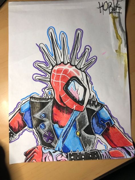 Spider Verse Drawing Pencil, Spiderman Punk Drawing, Spiderpunk Painting, Rockstar Spiderman, Spiderpunk Sketch, What To Sketch Ideas, Spider Punk Sketch, Spiderpunk Drawing, Spider Punk Drawing