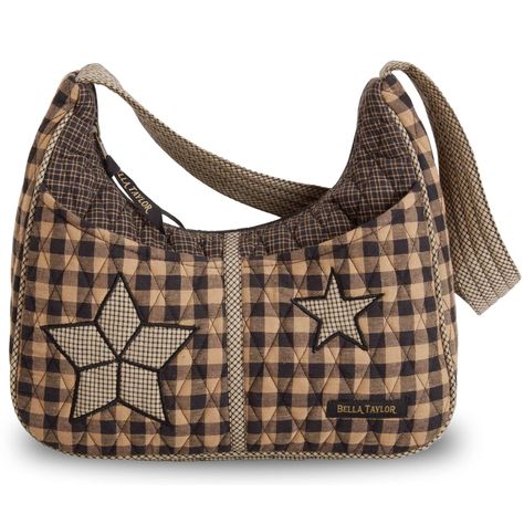 PRICES MAY VARY. COUNTRY AMERICANA: Primitive patchwork stars dance atop black, tan and charcoal grey quilted cotton plaid and check fabrics in Farmhouse Star, our traditional primitive American design. SIZED JUST RIGHT: Not too big and not too small, the Blakely quilted purse measures 11" wide, 9.5” high at the sides (7" in the middle), and 4" deep. It’s the perfect size hobo-style pocketbook to carry everything you need, and the secure top zipper closure keeps your belongings safe inside. PLEN Fabric Handbags, Fabric Purses, Navy And Khaki, Quilted Purses, Hobo Shoulder Bag, Lightweight Quilt, Hobo Style, Patchwork Bags, Dark Tan