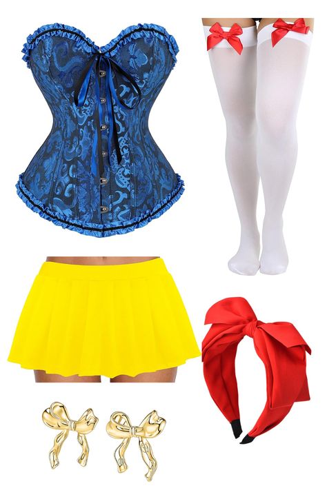 blue corset, yellow mini skirt, bow earrings, red hair bow, white knee high socks with red bow Snow White Halloween, White Halloween Costume, Halloween Ideias, Disney Princess Halloween Costumes, Snow White Halloween Costume, Belle Halloween, Classy Halloween Costumes, Fairy Halloween Costumes, Princess Halloween Costume