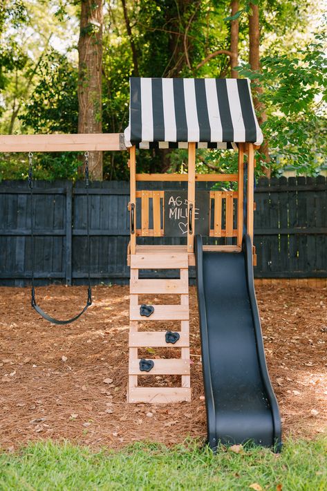 Play Set For Small Backyard, Playset Upgrades, Diy Playset Outdoor Small Yard, Diy Swingset And Slide, Update Swingset, Small Playsets For Small Backyards, Backyard Playset Makeover, Play Area Small Backyard, Black Playground Makeover