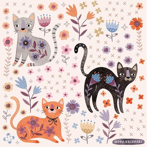 589 Me gusta, 17 comentarios - Janna Krupinski (@tabularosi) en Instagram: "Can’t stop painting cats! #illustratorsoninstagram #artlicensing #illustration #surfacepattern…" Russian Folk Illustration, Animal Folk Art, Folk Art Drawing, Folk Cat, Folk Art Cats, Folk Art Tattoo, Folk Animals, Folk Art Animals, Folk Art Illustration