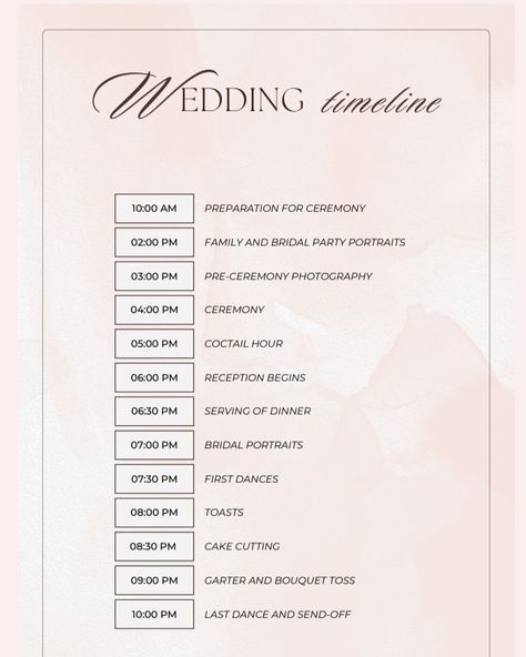 ✨ Wedding Tip of the Day: Timing is Everything! Ensure your ceremony and reception flow smoothly by creating a timeline that works for YOU and your guests! ⏰ #perfecttiming #weddingtips Wedding Reception Schedule Timeline, Wedding Timeline Day Of 4pm, Wedding Timeline Day Of 5pm Ceremony, Wedding Timeline Day Of, Day Of Wedding Timeline, Wedding Reception Schedule, Reception Order Of Events, Wedding Flow, Elopement Celebration