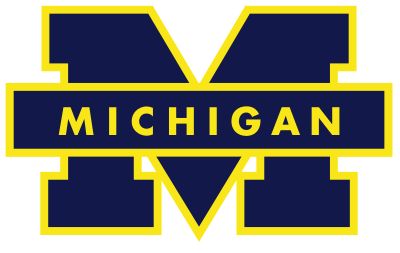 A blue block M with maize-colored borders and the word Michigan across the middle. University Of Michigan Logo, U Of M Football, Michigan Go Blue, Maize And Blue, Michigan Wolverines Football, Michigan Sports, Wolverines Football, College Football Teams, Michigan Football