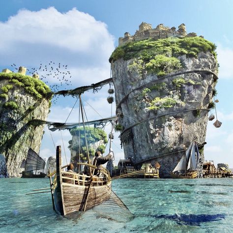 Décor Steampunk, Pirate Island, Fantasy Island, Fantasy City, Fantasy Setting, Fantasy Places, Fantasy Art Landscapes, Fantasy Concept Art, A Town