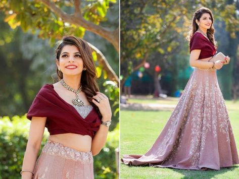 15 Brides Who Found The Prettiest Lehengas In Chandni Chowk! | WedMeGood Blouse Designs With Lehnga, Designer Crop Top Lehenga Wedding, Maroon Reception Lehenga, Wine Colour Lehenga, Deep Maroon Lehenga, Maroon Crop Top Lehenga, Wedding Crop Top, Chandni Chowk, Indian Outfits Lehenga