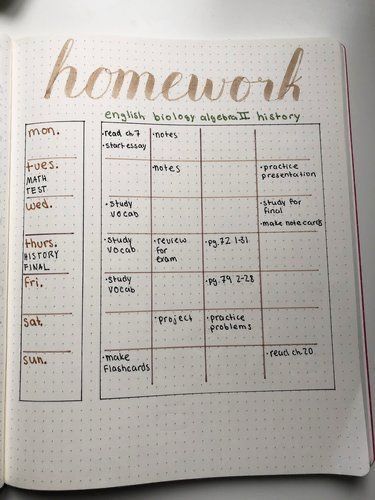 Bullet Journal Homework, Homework Journal, Study Planning, Homework Planner, School Journals, School Study Ideas, Study Planner Printable, Journal Inspiration Writing, Bullet Journal Ideas Templates