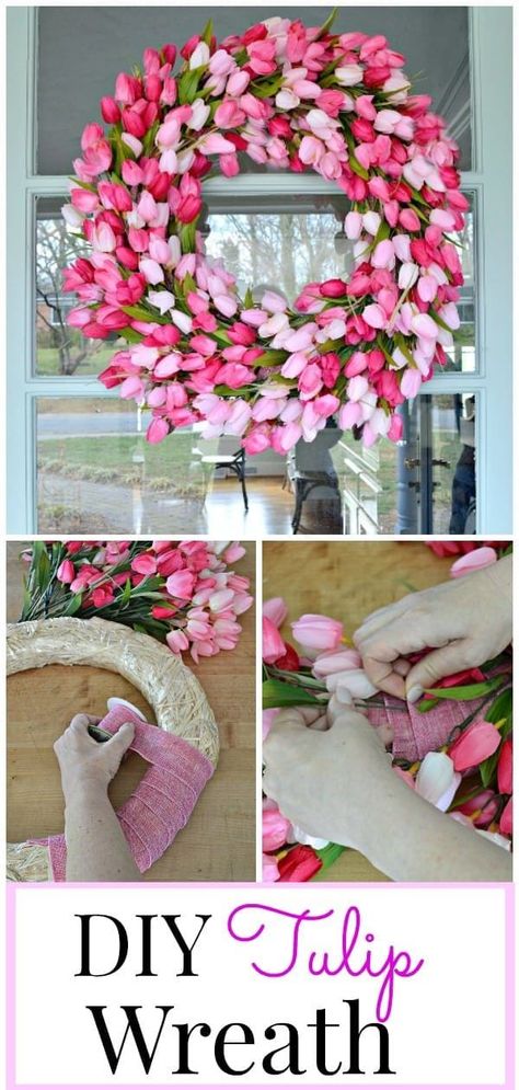 Diy Wreaths Easy, Tulip Wreath Diy, Diy Wreaths Decor, Pink Tulip Wreath, Diy Summer Decor, Diy Osterschmuck, Diy Frühling, Easy Diy Wreaths, Diy Spring Wreath